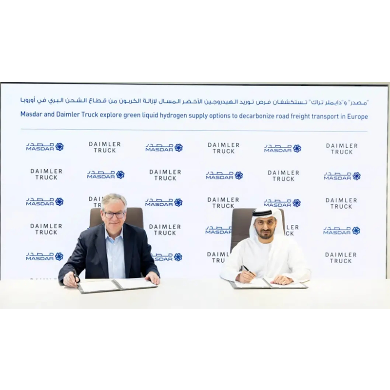 Tá sé beartaithe ag Daimler Trucks, i gcomhpháirtíocht le Masdar, hidrigin leachtach glas a onnmhairiú go dtí an Eoraip